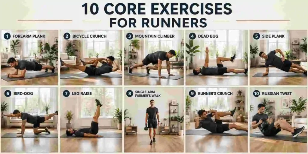 10 best core exercises for runners including plank, bicycle crunch, dead bug, side plank, bird dog, and Russian twist