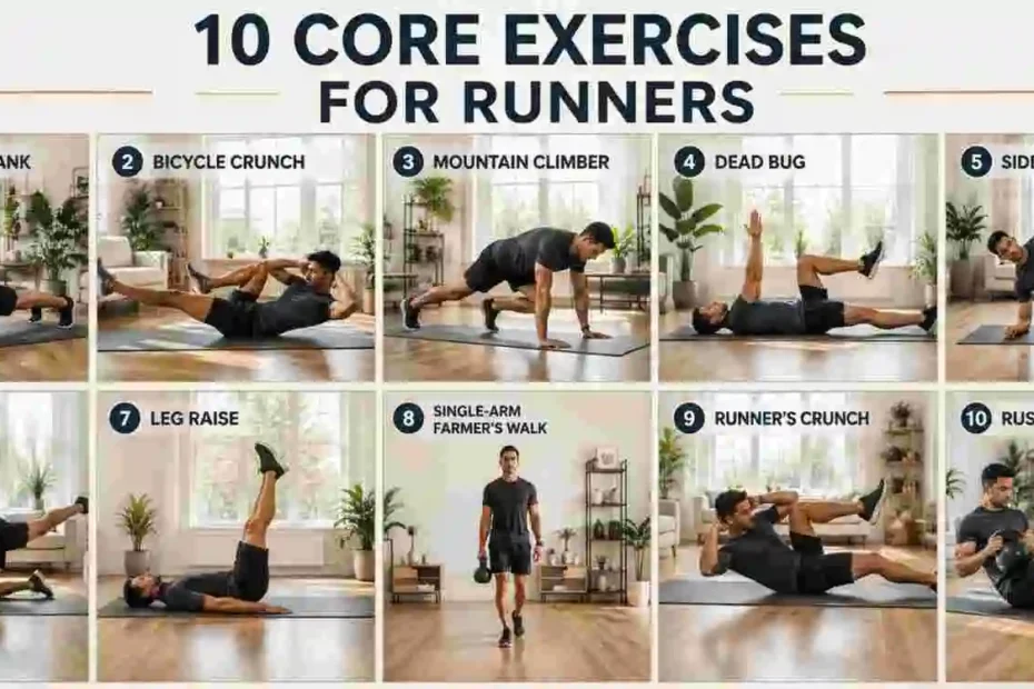 10 best core exercises for runners including plank, bicycle crunch, dead bug, side plank, bird dog, and Russian twist