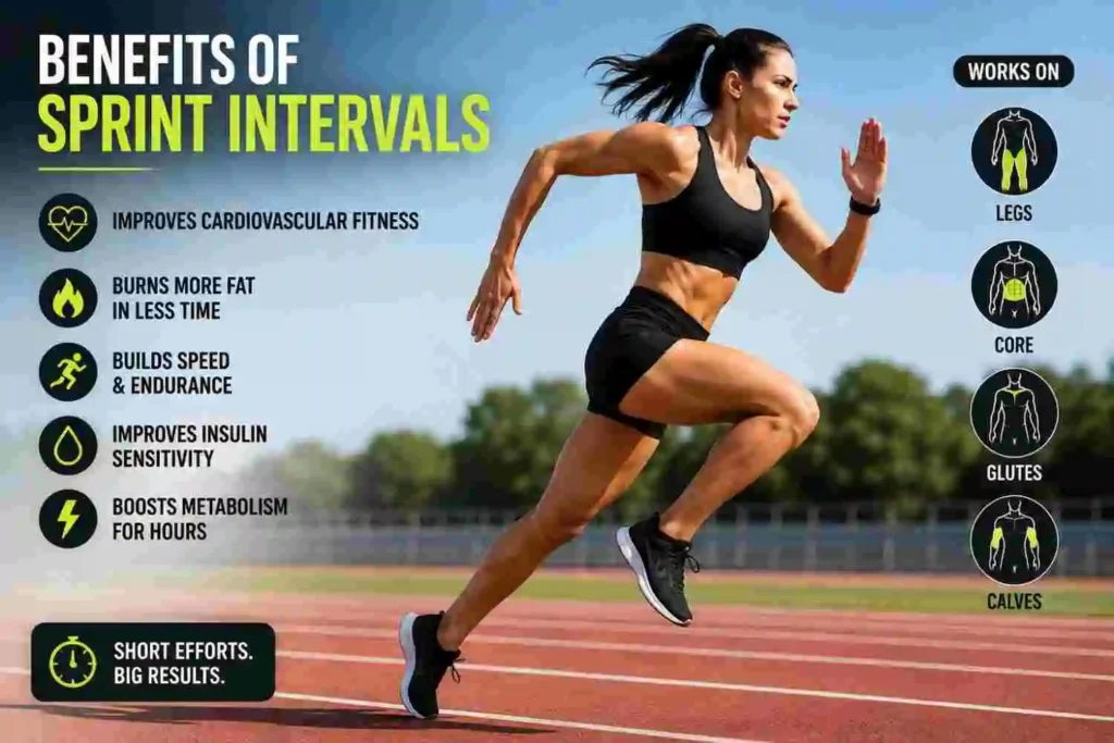 Woman performing sprint interval training on a running track
