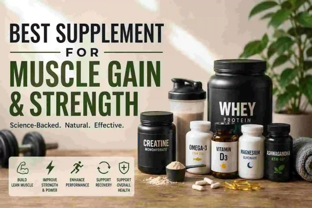 Best natural supplements for muscle gain and strength, including creatine, whey protein, omega-3, vitamin D3, magnesium, and ashwagandha