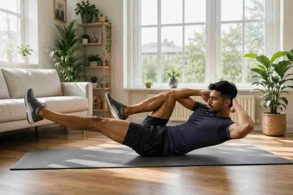 Athletic person performing bicycle crunch exercise on a yoga mat at home