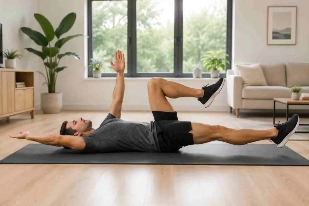 Person performing the dead bug core exercise on a yoga mat at home