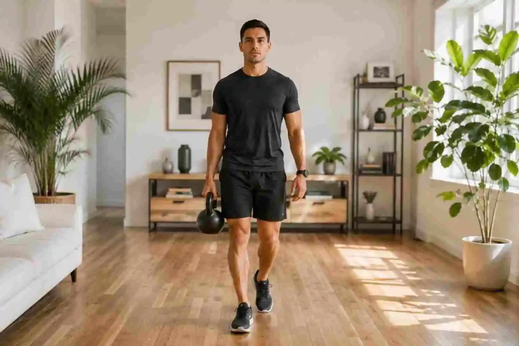 Person performing a single-arm kettlebell farmer’s walk in a bright home