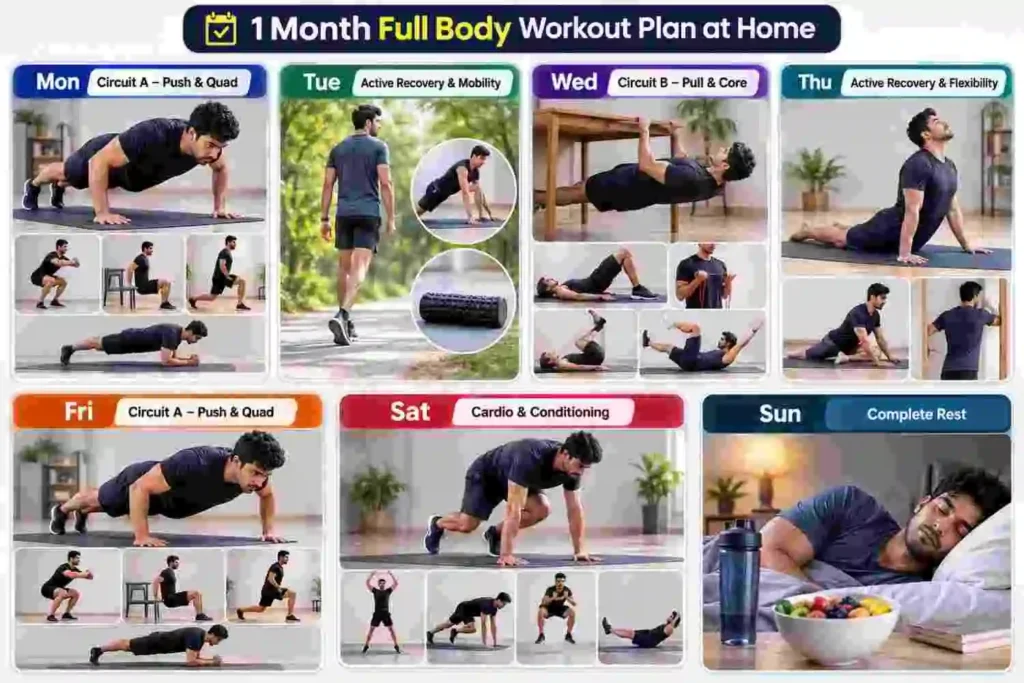 1 Month Full Body Workout Plan at Home with weekly strength, cardio, recovery, and rest exercises