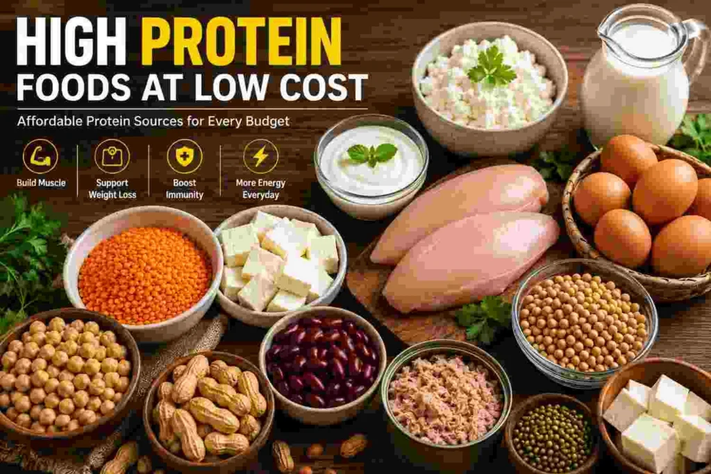 High protein foods at low cost including eggs, chicken, lentils, tofu, peanuts, beans, paneer, and yogurt
