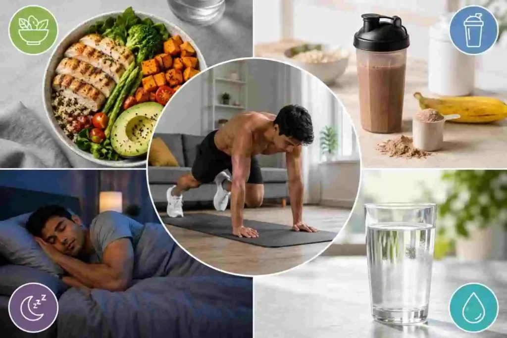Nutrition, protein, hydration, and sleep for a 1 month full body workout plan at home