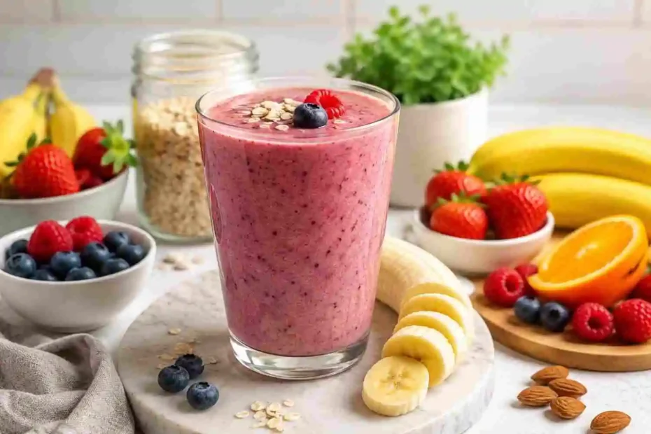 Homemade pre-workout smoothie with banana, berries, oats, and fresh fruit for workout energy