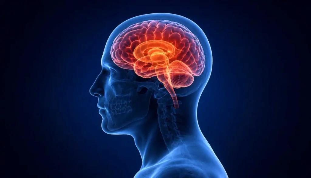 Illustration of a human brain highlighting how tart cherry juice may support cardiovascular health and potentially reduce stroke risk through metabolic benefits.