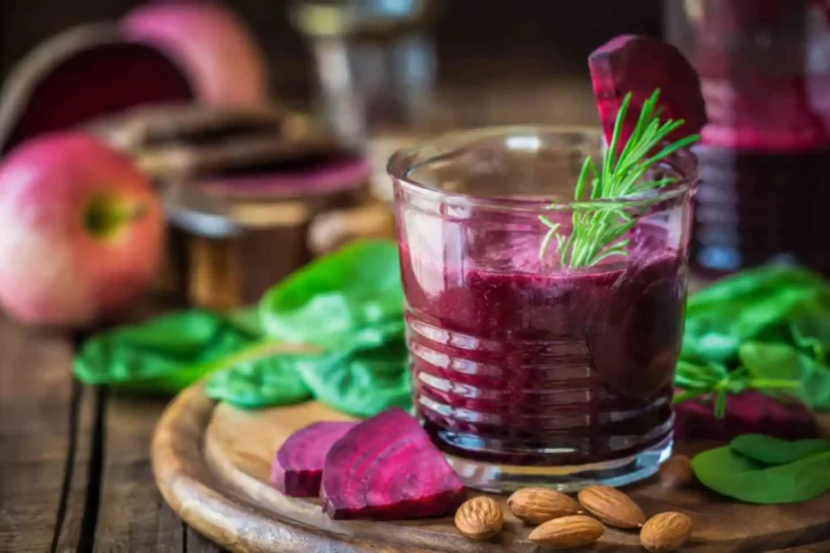 A glass of vibrant beetroot almond coconut milk smoothie garnished with rosemary, served on a wooden board with sliced beets, fresh spinach, and almonds.