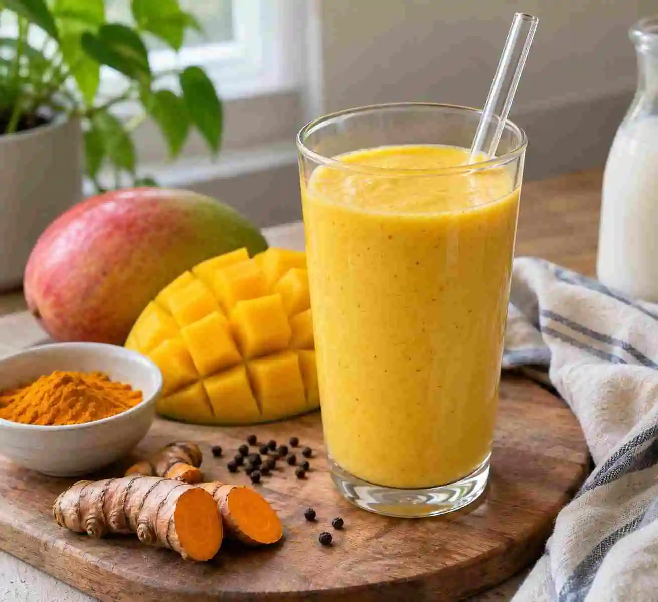Creamy mango smoothie with turmeric, fresh mango, and turmeric root on a wooden board