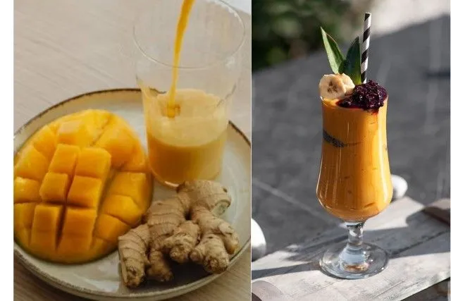 Side-by-side mango turmeric ginger smoothie and mango banana turmeric smoothie made with fresh mango, turmeric, ginger, and banana for healthy wellness drinks.