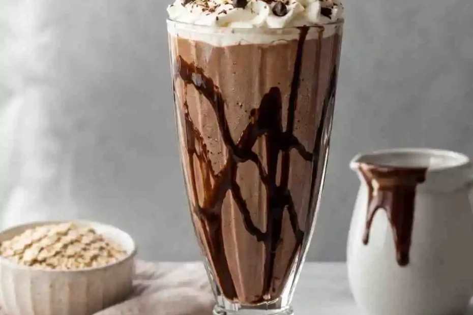 Tall chocolate oat recovery shake in a glass topped with whipped cream, chocolate chips, and chocolate drizzle, surrounded by oats, cocoa powder, and dark chocolate pieces on a light tabletop.