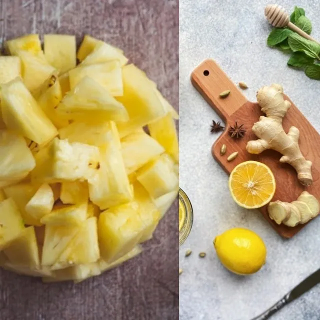 Fresh pineapple chunks, ginger root, lemon, mint leaves, honey, and spices used to make a healthy pineapple ginger smoothie.