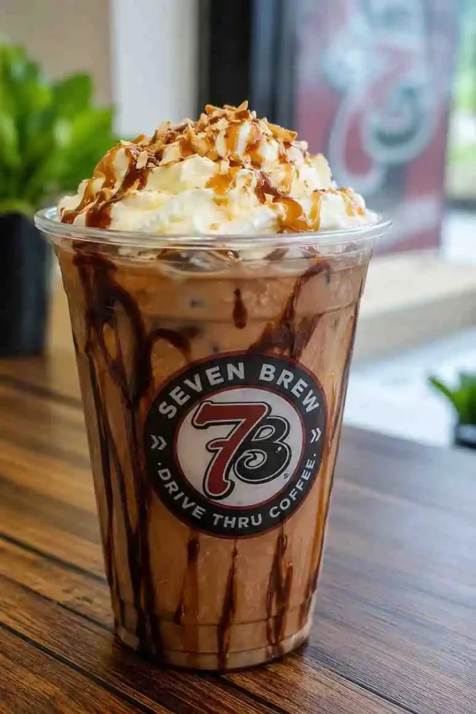 7 Brew German Chocolate recipe served as an iced coffee with whipped cream, chocolate drizzle, caramel, and toasted coconut