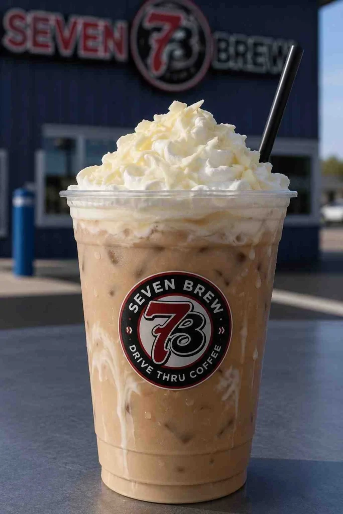 Homemade 7 Brew Iced White Chocolate Mocha recipe served over ice with whipped cream and white chocolate shavings in a clear glass.
