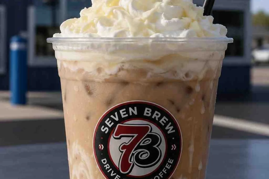 Homemade 7 Brew Iced White Chocolate Mocha recipe served over ice with whipped cream and white chocolate shavings in a clear glass.