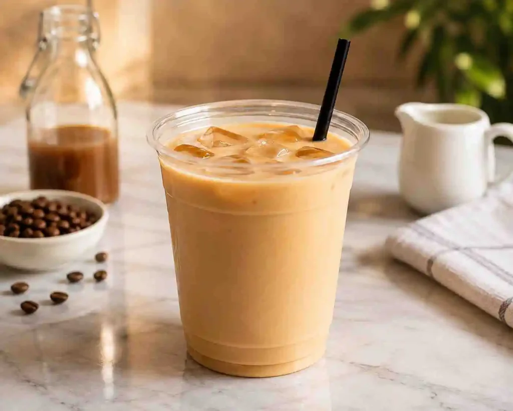 Creamy homemade 7 Brew Blondie coffee served over ice in a clear cup with caramel, vanilla, espresso, and half-and-half.