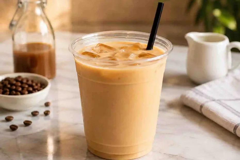 Creamy homemade 7 Brew Blondie coffee served over ice in a clear cup with caramel, vanilla, espresso, and half-and-half.