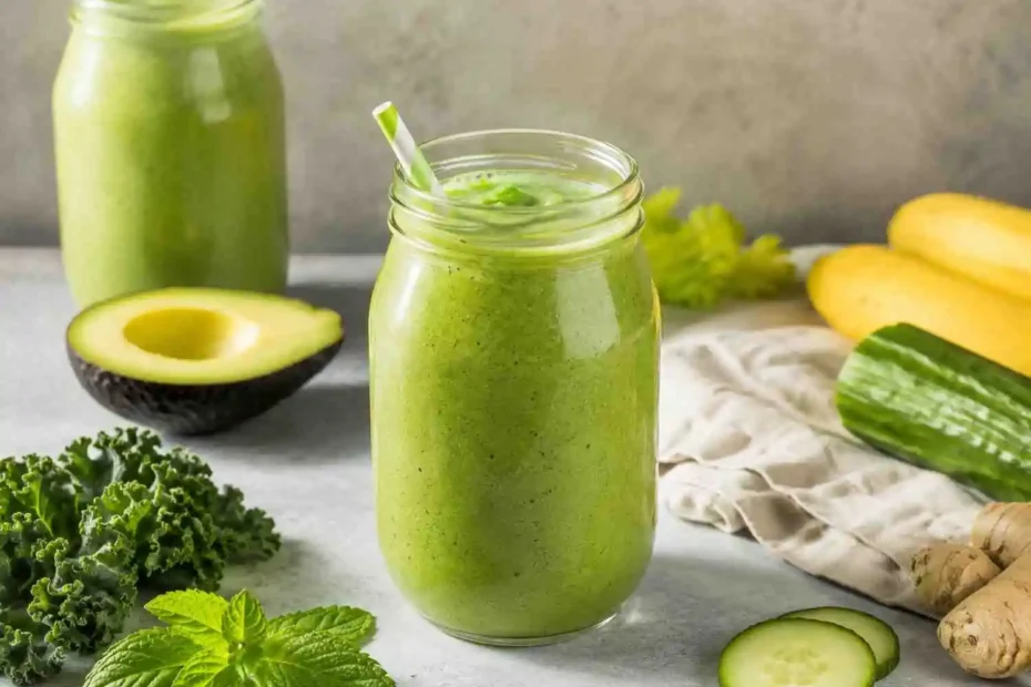 Homemade Green Goddess Smoothie made with kale, banana, cucumber, avocado, and Greek yogurt served in a glass mason jar for a healthy breakfast.