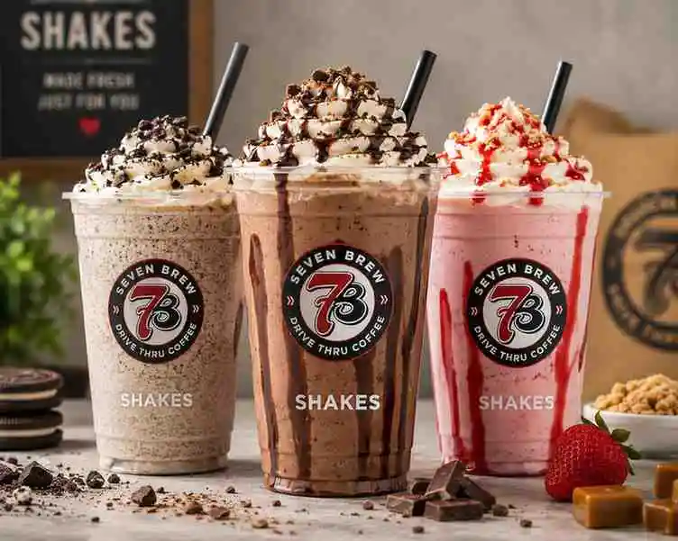 Discover 7 Brew shakes featuring Chocolate, Vanilla, Strawberry, Cookie-Inspired, Peanut Butter, Caramel, and Coconut shakes topped with whipped cream.
