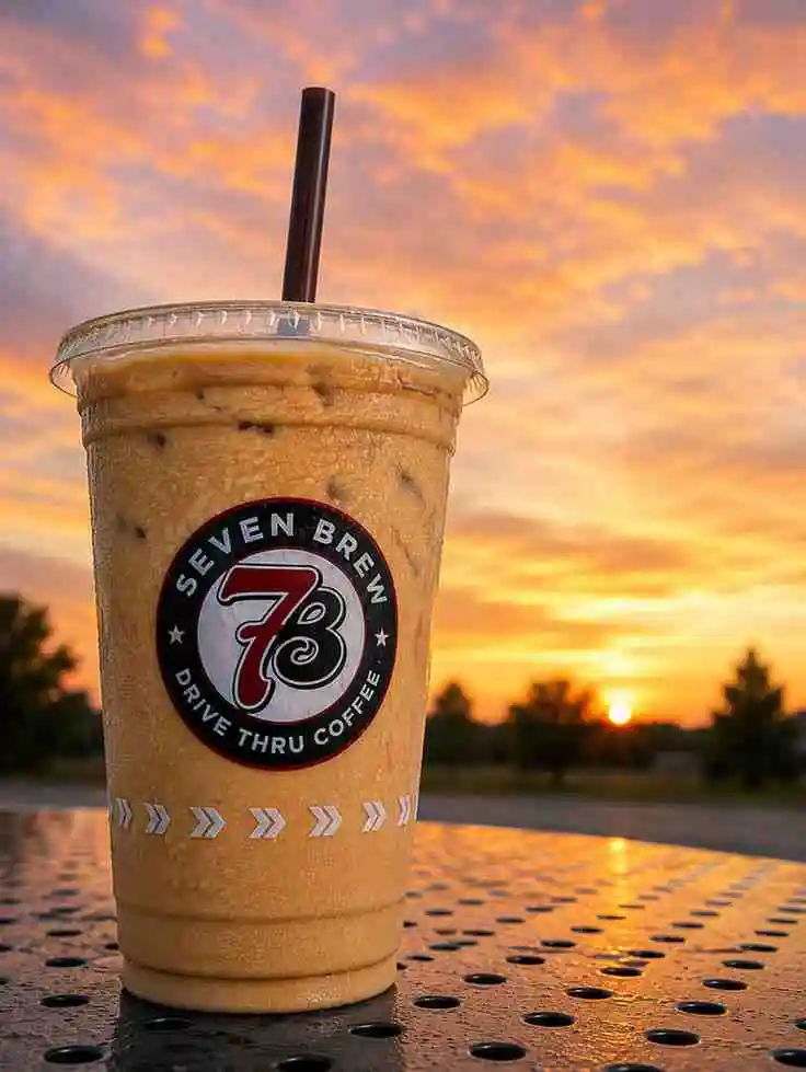 Discover 7 Brew Coffee featuring The Blondie, The Brunette, Smooth 7, Cinnamon Roll, White Chocolate Mocha, German Chocolate, and Sweet & Salty iced coffee drinks.