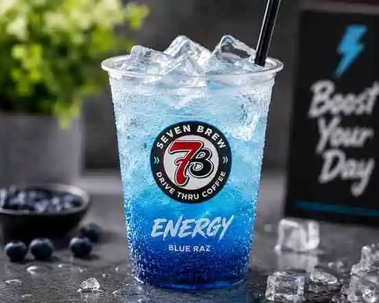 Refreshing 7 Brew Blue energy drink served in a clear plastic cup with ice, featuring popular 7 Brew energy flavors and vibrant blue color.