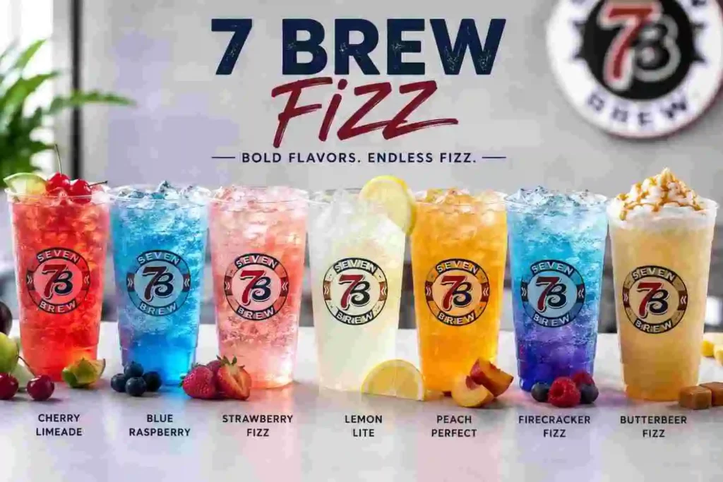 7 Brew 7 Fizz recipes featuring colorful sparkling drinks with flavors like strawberry, blue raspberry, peach, firecracker, and butterbeer