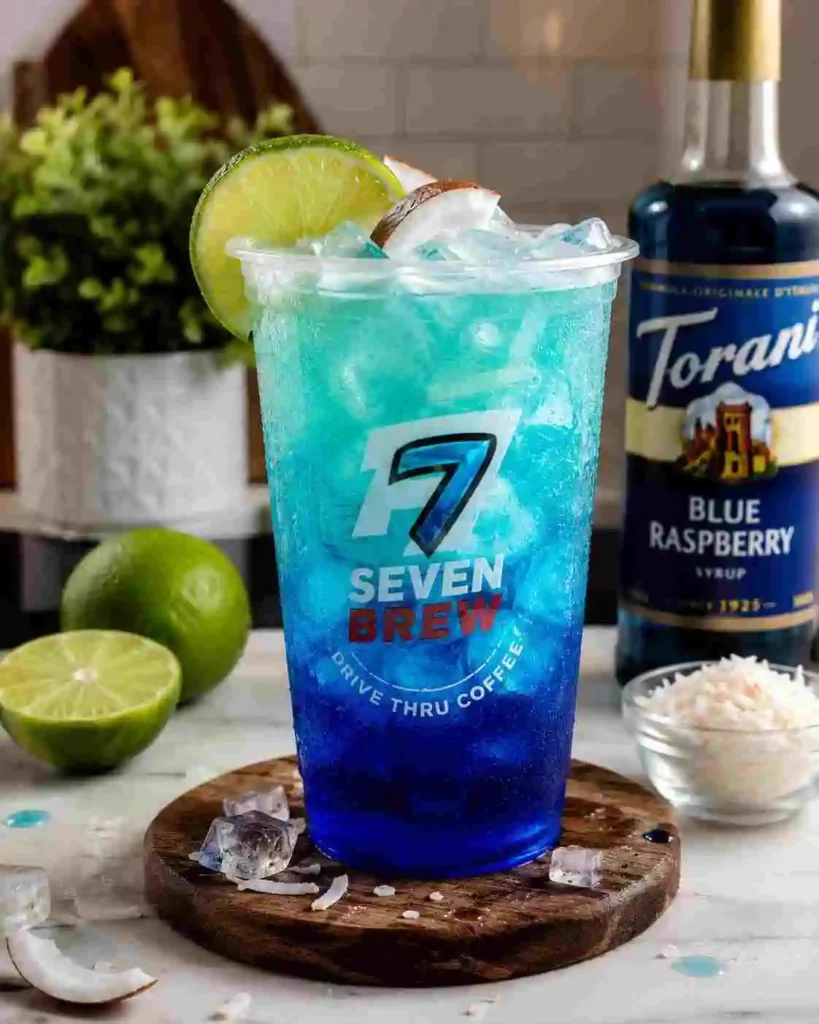 7 Brew Brew Lagoon drink with blue raspberry, lime, coconut, and ice made at home