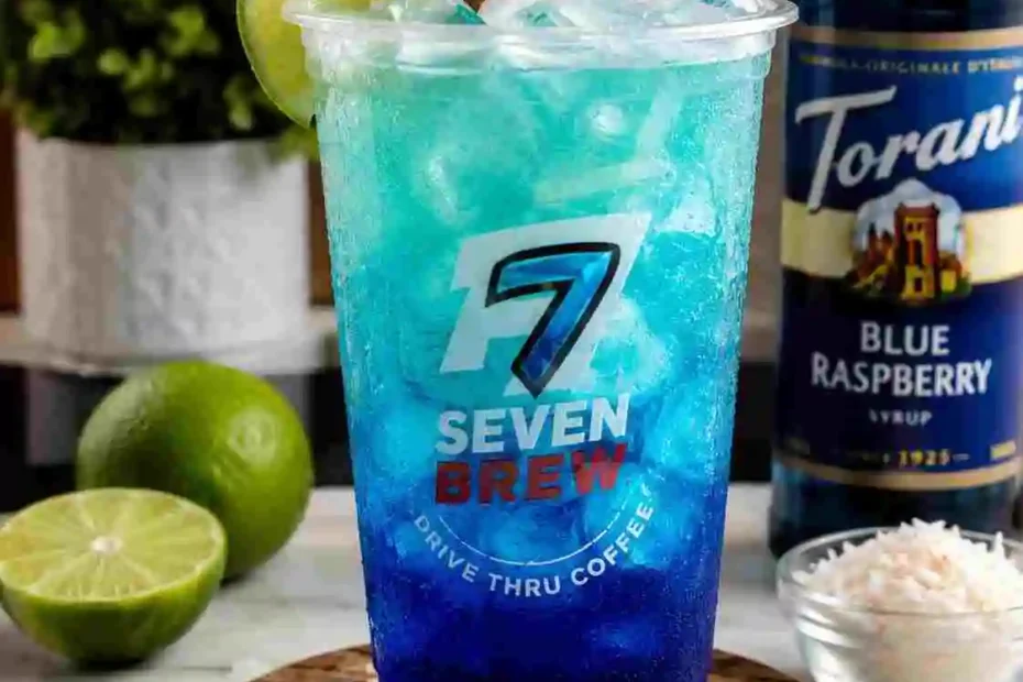 7 Brew Brew Lagoon drink with blue raspberry, lime, coconut, and ice made at home