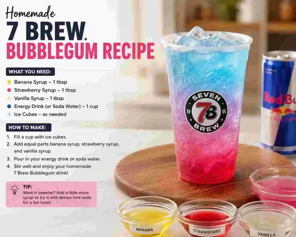 Homemade 7 Brew Bubblegum recipe drink with strawberry, banana, and vanilla syrups over ice