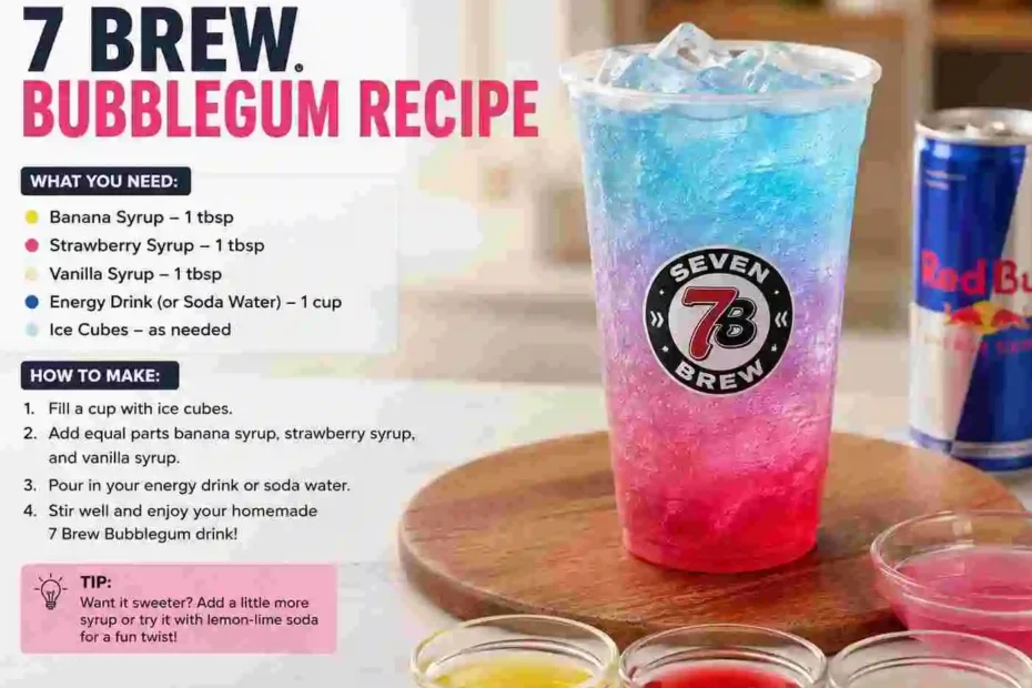 Homemade 7 Brew Bubblegum recipe drink with strawberry, banana, and vanilla syrups over ice