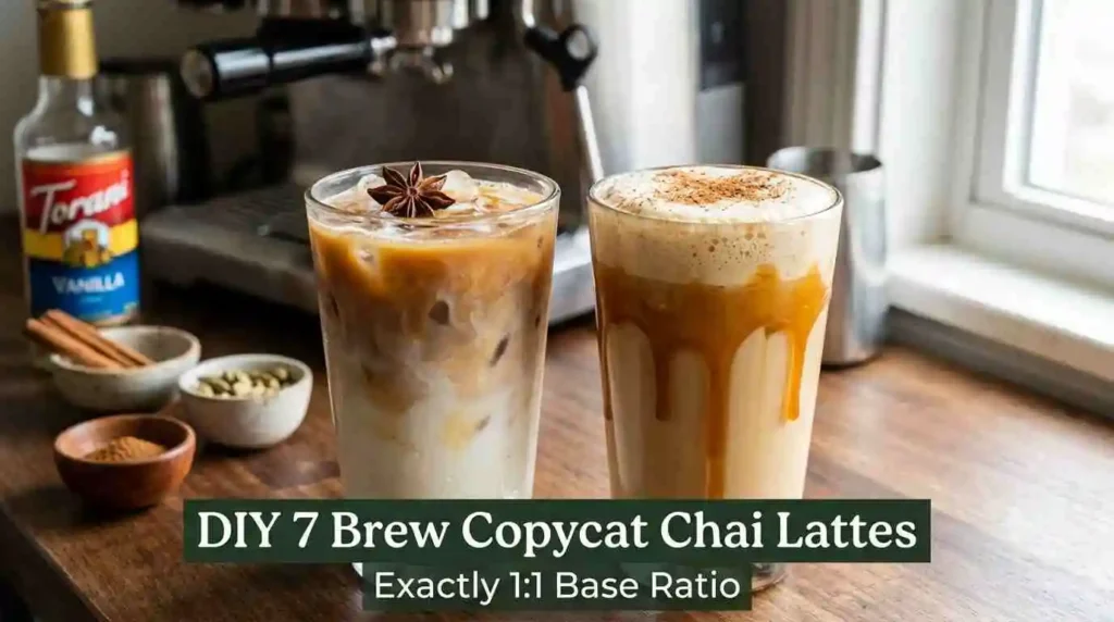 Iced and hot 7 Brew chai tea recipes made with Oregon Chai concentrate, whole milk, and Torani syrup.
