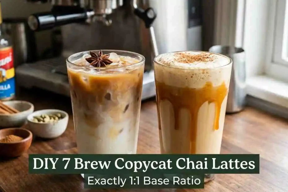 Iced and hot 7 Brew chai tea recipes made with Oregon Chai concentrate, whole milk, and Torani syrup.