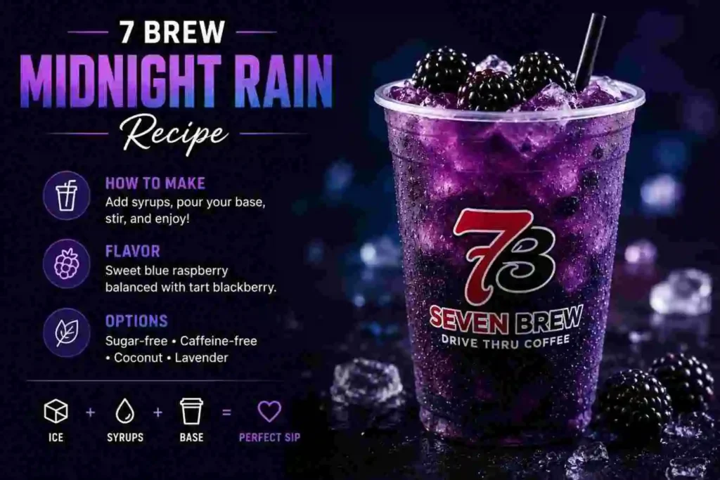 7 Brew Midnight Rain drink with blue raspberry and blackberry flavors over ice