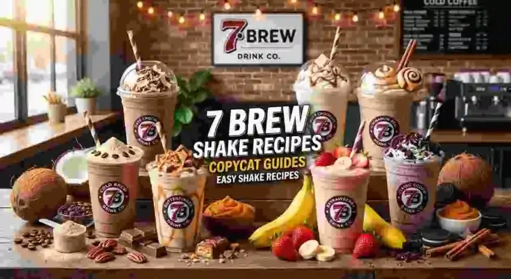Array of seven copycat 7 Brew shake recipes with fresh ingredients like strawberries, chocolate, and cookies.