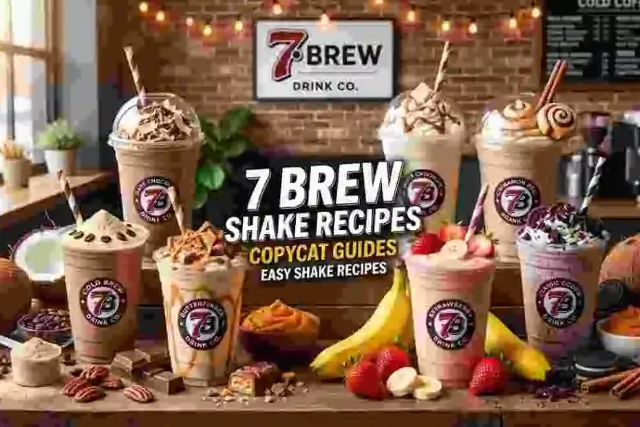 Array of seven copycat 7 Brew shake recipes with fresh ingredients like strawberries, chocolate, and cookies.