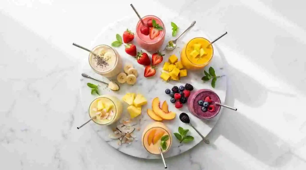 Top-down view of six colorful homemade 7 Brew smoothie recipes arranged with fresh strawberries, mango, wildberries, peach, pineapple, and banana on marble.