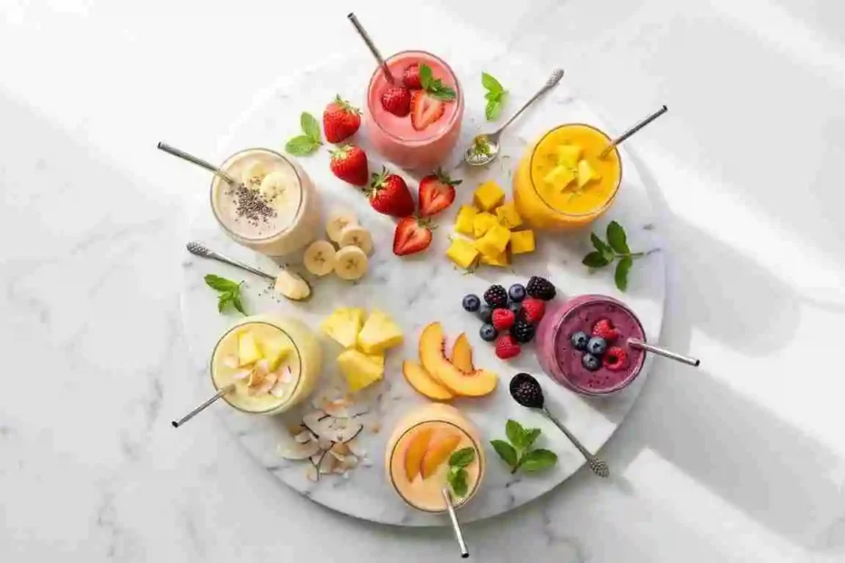 Top-down view of six colorful homemade 7 Brew smoothie recipes arranged with fresh strawberries, mango, wildberries, peach, pineapple, and banana on marble.