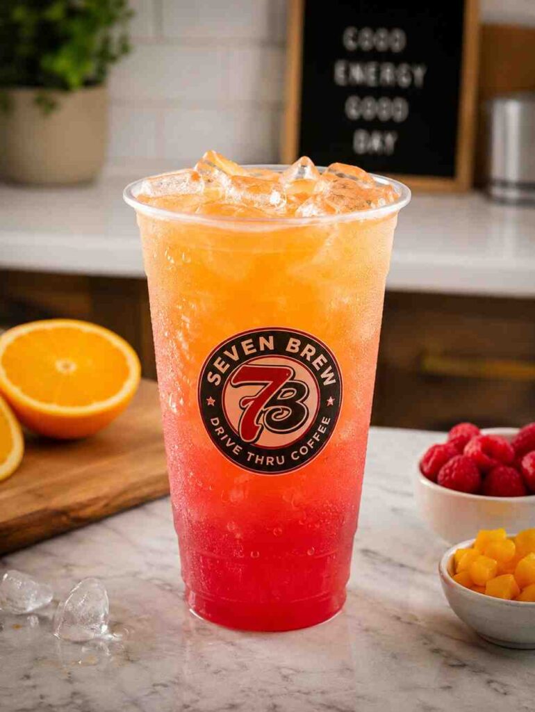 7 Brew Sunrise recipe made with peach, passion fruit, and red raspberry flavors served over ice in a clear cup