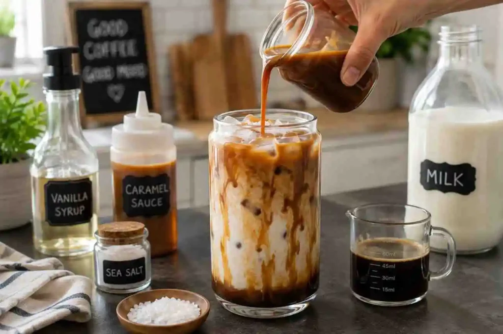 Homemade 7 Brew Sweet and Salty recipe made with espresso, salted caramel, white chocolate, half-and-half, and sea salt