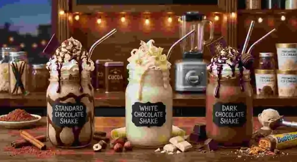 Three thick chocolate shakes labeled Standard, White, and Dark, framed by candy bars, cinnamon, and hazelnuts.