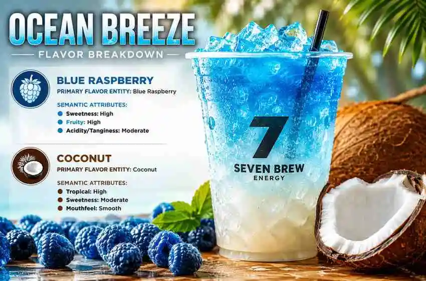 Flavor breakdown of the 7 Brew Ocean Breeze recipe showing blue raspberry and coconut flavors with a blue iced drink.