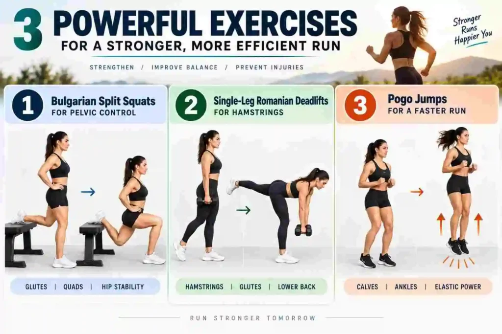 16-week strength training plan for marathon runners featuring split squats, Romanian deadlifts, and pogo jumps