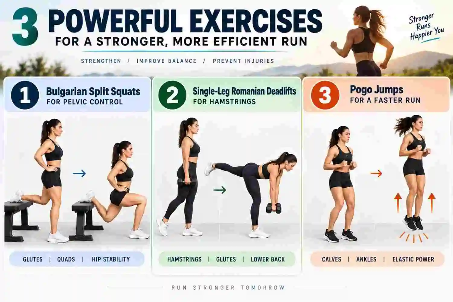 16-week strength training plan for marathon runners featuring split squats, Romanian deadlifts, and pogo jumps