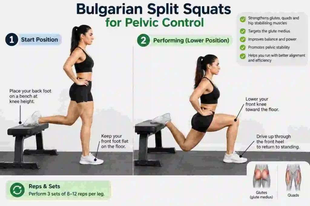 Woman performing Bulgarian split squats with proper start and lower positions for pelvic control