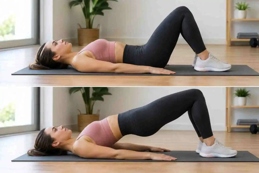Woman performing glute bridges on a yoga mat at home