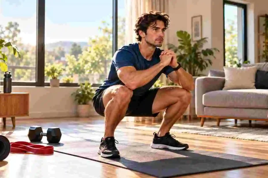 Triathlete performing bodyweight squats during home strength training for triathletes