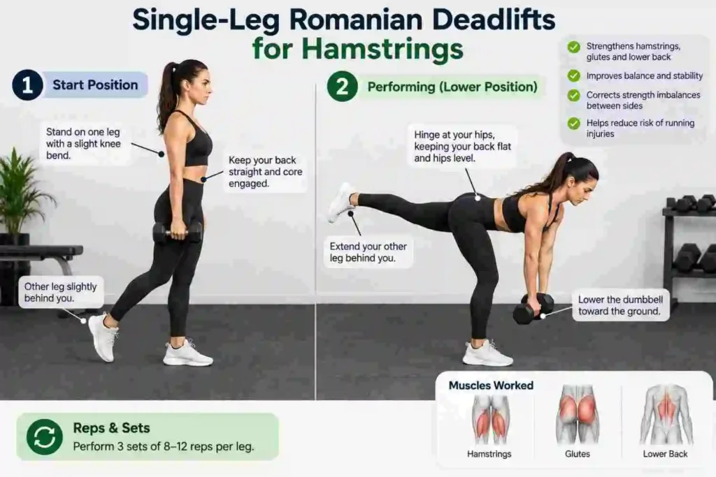 Woman performing a single-leg Romanian deadlift with a dumbbell to strengthen hamstrings and glutes