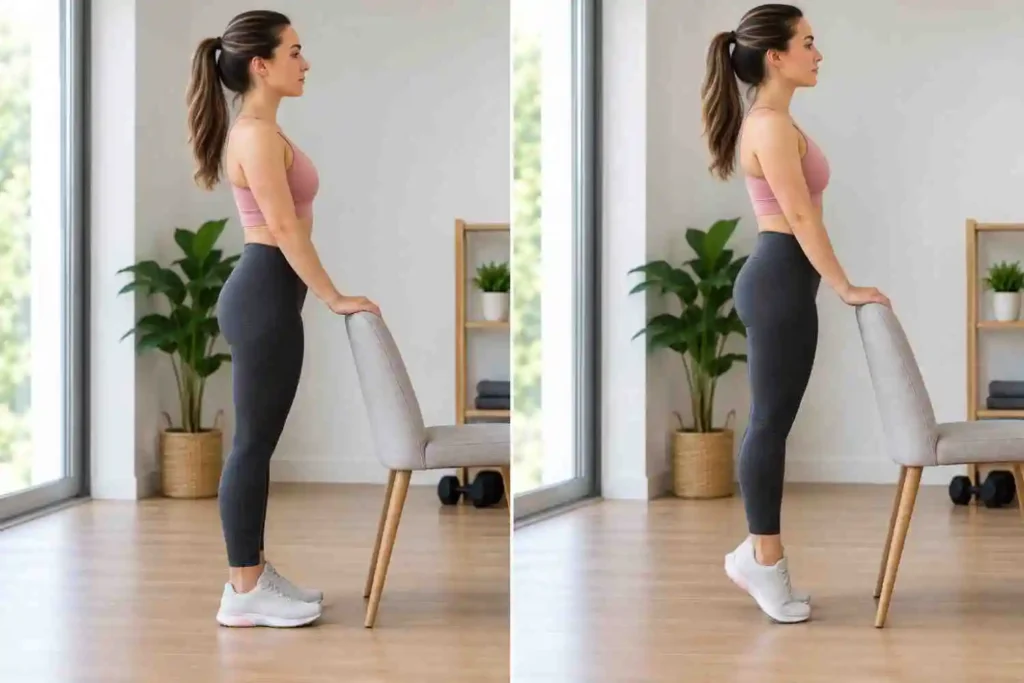 Woman performing standing calf raises with chair support at home