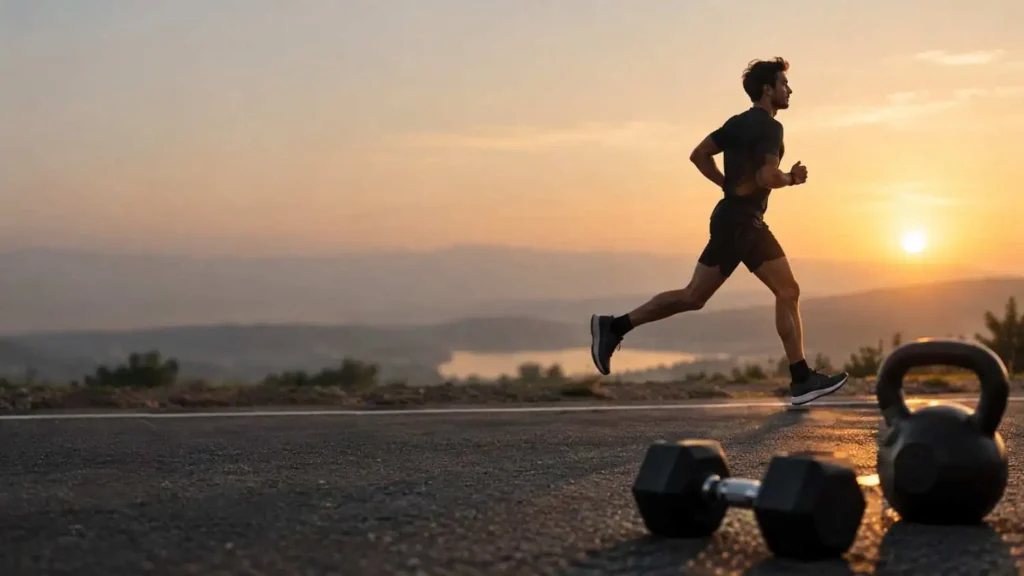 Runner training at sunrise with dumbbells and a kettlebell for strength training.